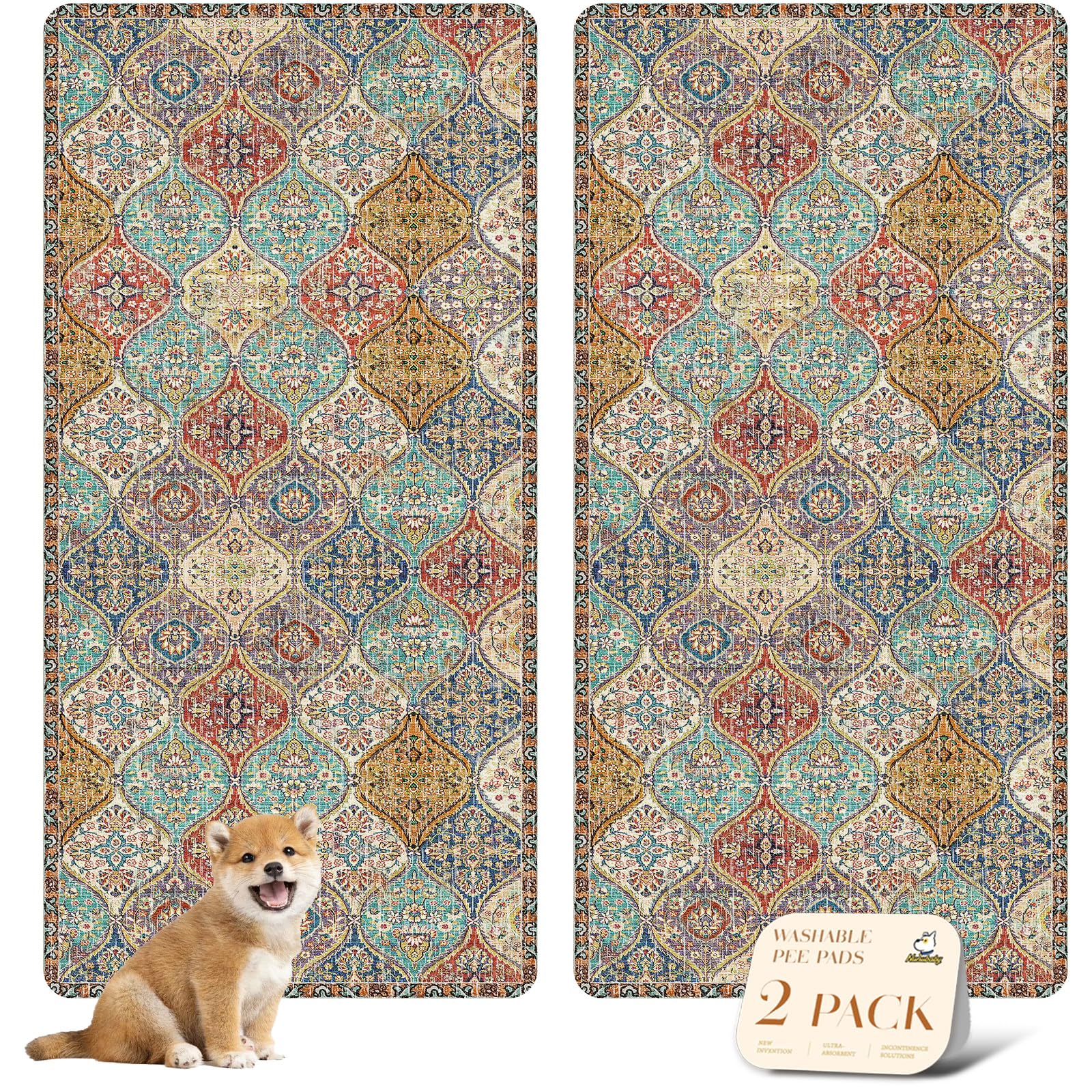 nunubaby Washable Pee Pads for Dogs, Stylish, Non-Slip and Leak-Proof Pee Pads. Reusable Potty Pads for Dogs for Crates and Floors.(Cream/Multi, 36" x72" )