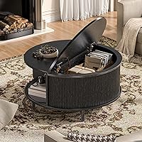 Vista 3 de Mesa auxiliar redonda, mesa central acanalada de 31.5 pulgadas con almacenamiento, mesa de centro elevable con almohadillas ajustables, puerta Negro