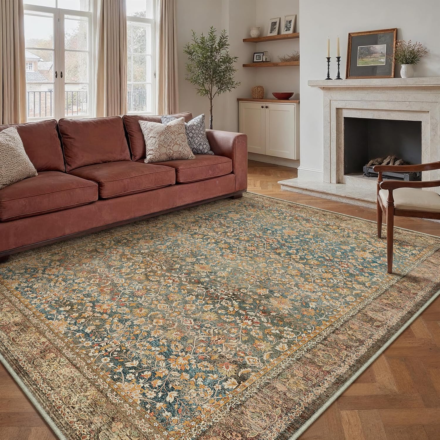 Area Rug 8x10 Living Room Washable Vintage Carpet Non Slip Indoor Retro Traditional Accent Throw Large Rug Brick Red for Office Bedroom Dining Room Playroom