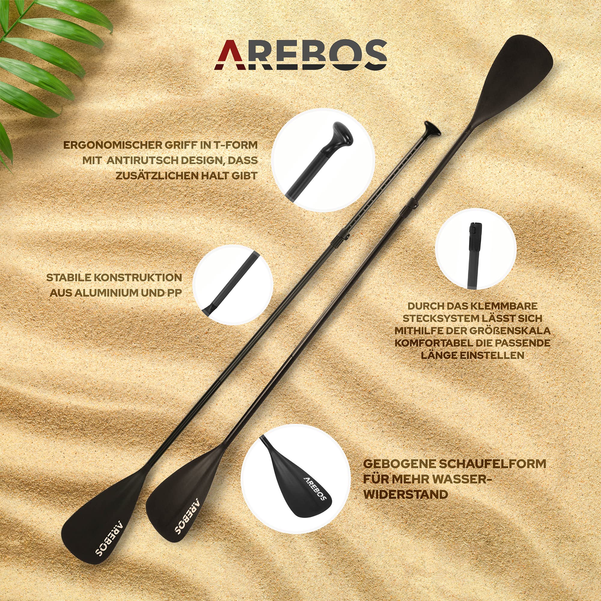 Arebos 2-in-1 Doppelpaddel & Einzelpaddel | SUP Hilfspaddel | Kanu Stechpaddel | Kajak | Ausziehbar 156-215cm Aluminium
