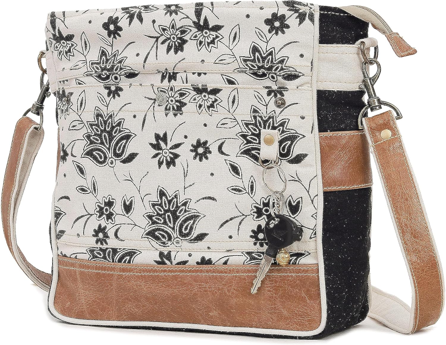 CLA Bags SEL de MER Upcycled Off-White Blossom Print Canvas & Leather Shoulder Bag, Canvas Crossbody Bags for Women (Off-White)
