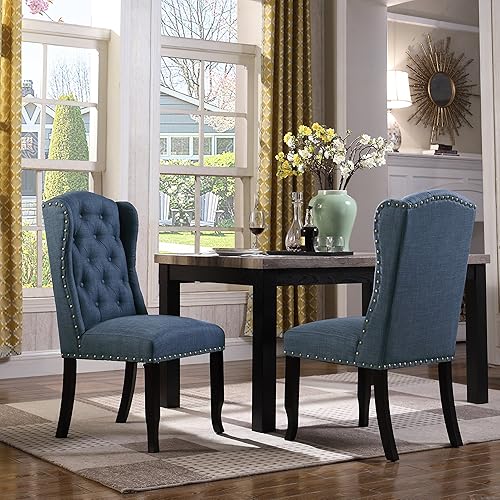 Chic Home Shira - Juego de 2 patas cónicas de madera de expreso cónicas de lino sintético tapizadas en tono dorado 2 unidades color azul marino