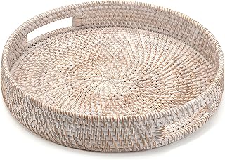 14" Round Rattan Tray, Hand Woven Serving Tray with Handles, Wicker Serving Basket, Decorative Tray for Home Decor, Whitewash