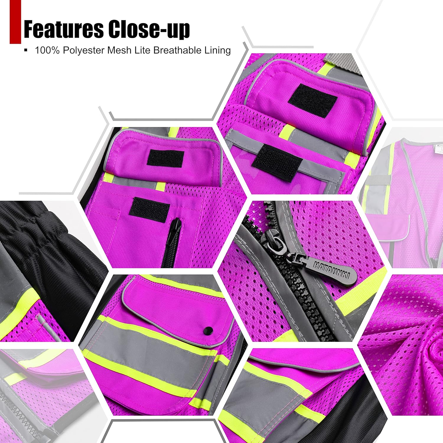 Reflective Safety Vest for Women Mesh High Visibility Vest with 8 Pockets and Front Zipper High Vis Vest Work Vests Meets ANSI/ISEA Standards(Purple-16, Medium) - Image 4