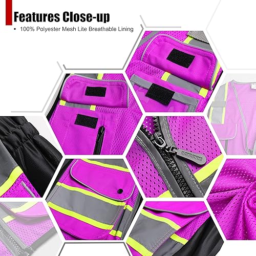 Miniatura 4 de HATAUNKI Chalecos de seguridad de malla morada con 9 bolsillos y cremallera frontal, chaleco de seguridad de alta visibilidad para mujer, cumple con