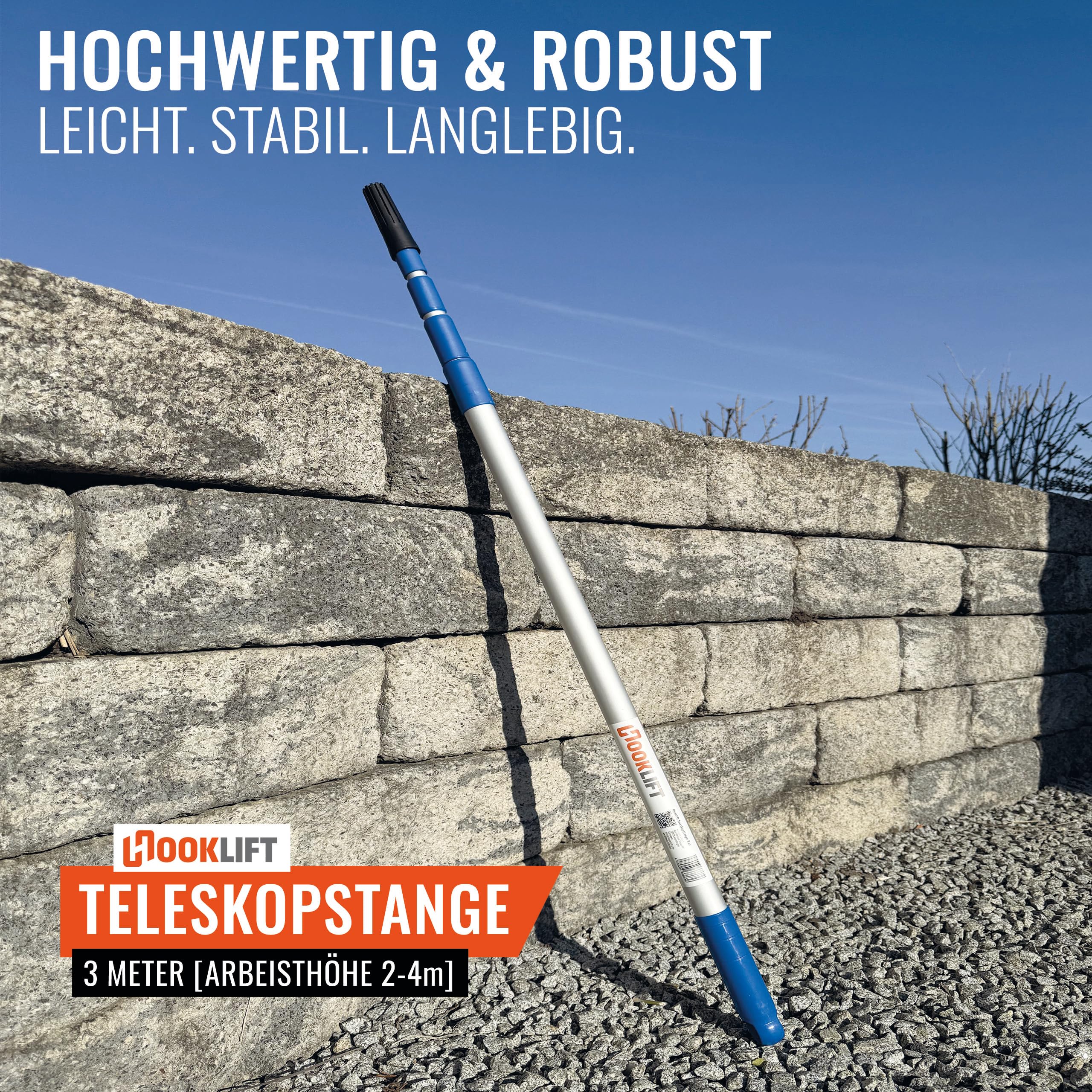 die KÜRZESTE 3m Alu-Teleskopstange mit Adapter, stufenlos von 105 bis 305 cm verstellbar; ideal für das neuartige Magnet-Haken-System viele weitere Werkzeugaufsätze nutzbar