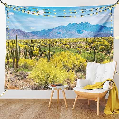 Vista 9 de Ambesonne Tapiz de Saguaro, Blooming Palo Verdes y Saguaros at 4 Peaks Hills Phoenix Arizona, colgante de pared para dormitorio, sala de estar