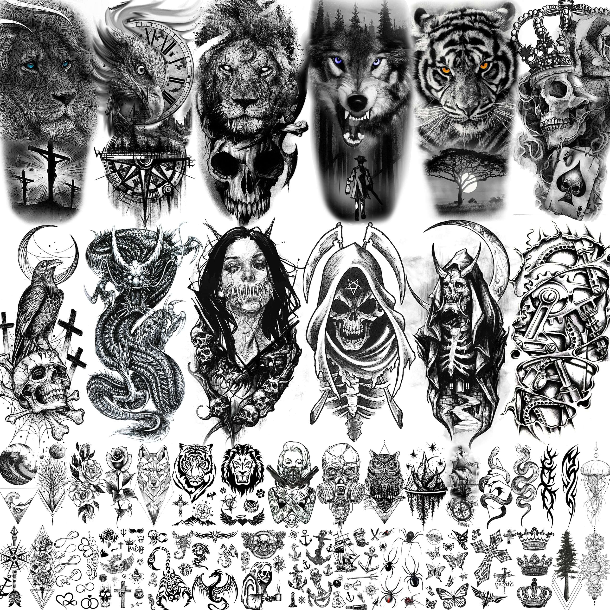 Geweir 66 Sheets 3D Black Wolf Tiger Lion Temporary Tattoos For Women Men Adults Thigh, Halloween Makeup Skull Skeleton Fake Tattoo Stickers Robot Arm, Dragon Eagle Bulk Temp Tattoo Paste Decals