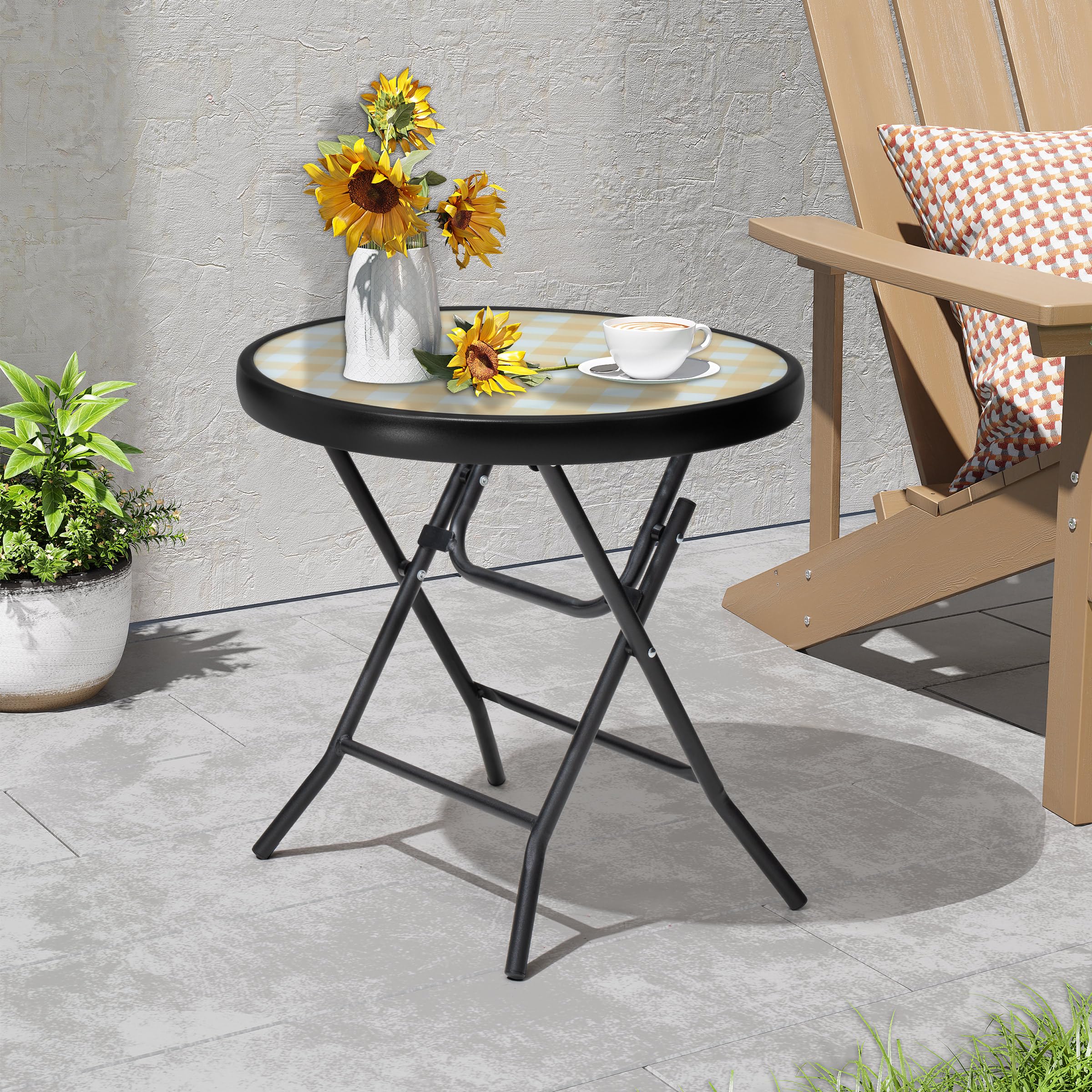 PATIOHIT Foldable Side Table with Tempered Glass Top, Yellow