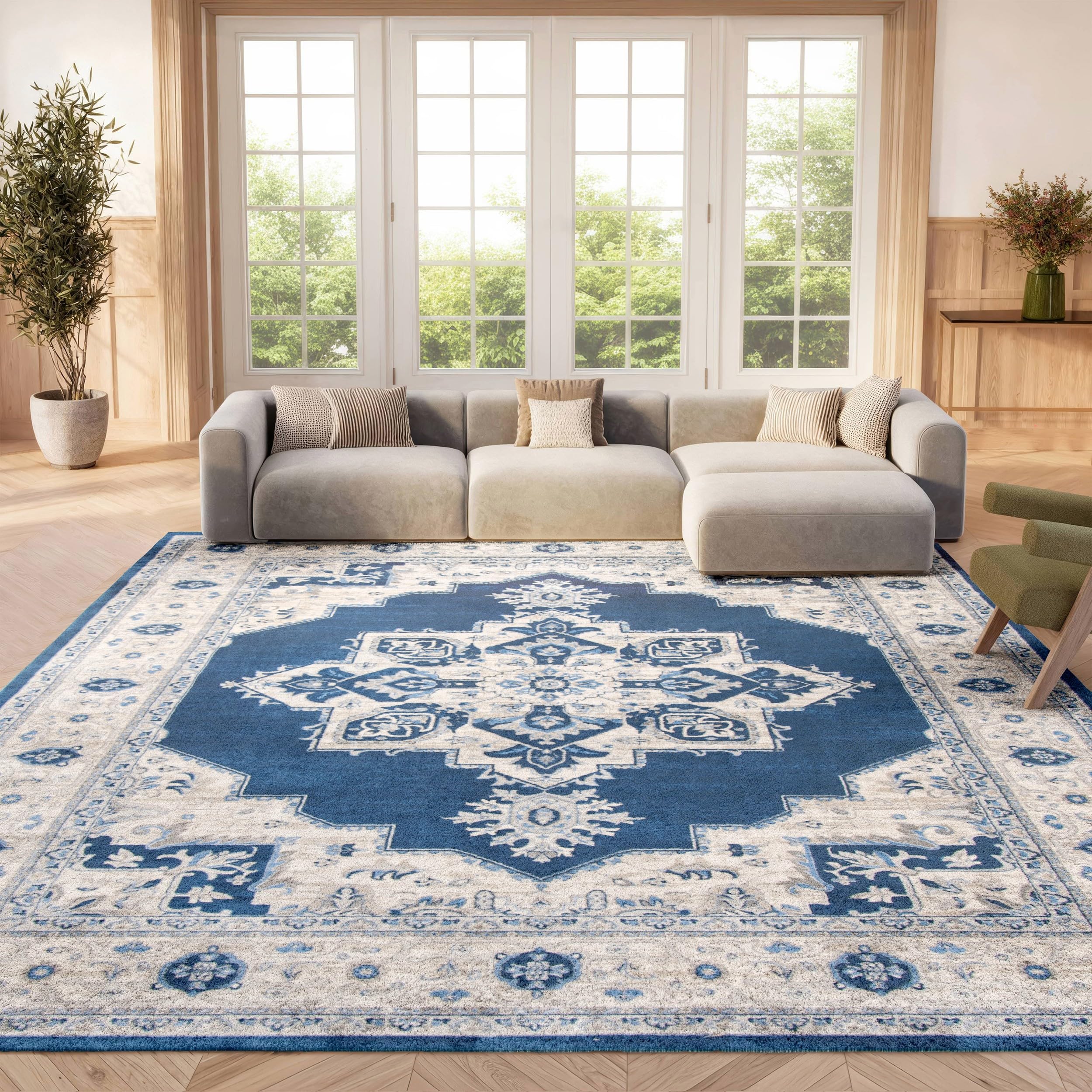 SAFAVIEH Area Rug 8x10 - Brentwood Collection - Large - Navy & Cream, Medallion Distressed Design, Non-Shedding & Easy Cleaning, Ideal for Living Room