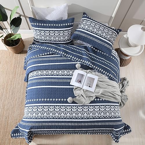 Vista 23 de Juego de edredón tamaño Queen, color azul marino, 100% algodón, colcha acolchada floral tamaño queen, juego de ropa de cama reversible de cachemira