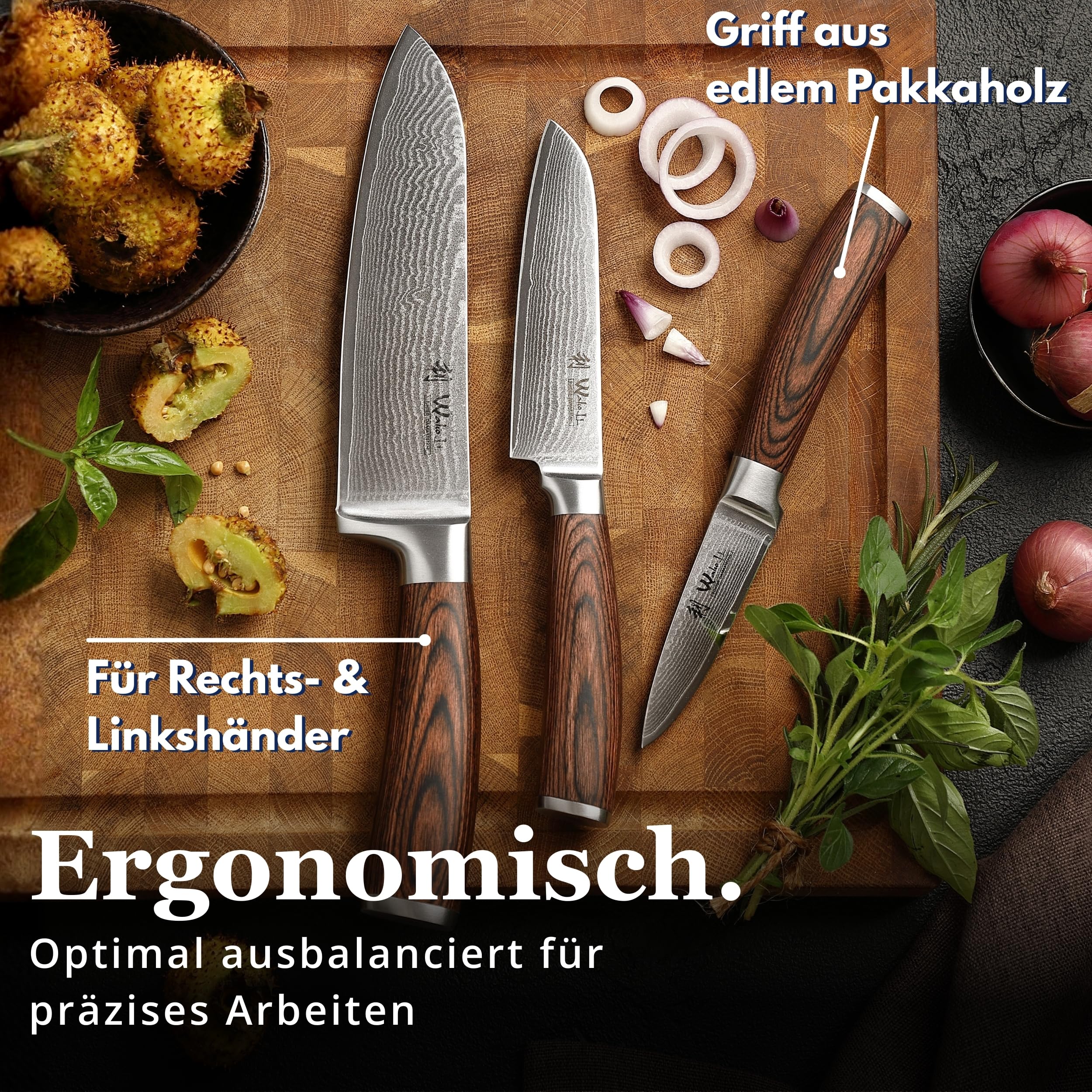 Wakoli EDIB Messerblock-Set mit 3 Damastmessern, 67 Lagen und VG10-Kern | Santoku 17 cm, kleines Santoku 12 cm, Officemesser 8,5 cm; magnetischer Messerblock aus Holz, Pakkaholzgriffe, Holzbox