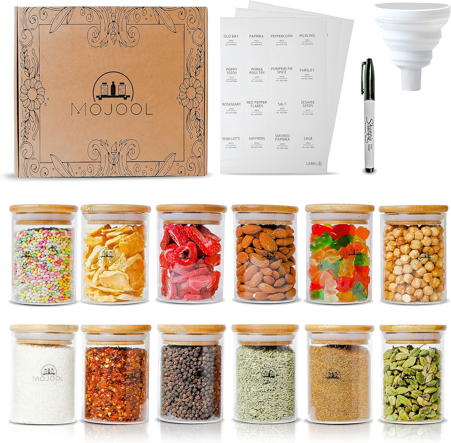 412 tarros de vidrio para especias con tapas herméticas de bambú, etiquetas, marcador y cono, contenedores de almacenamiento multiusos transparentes