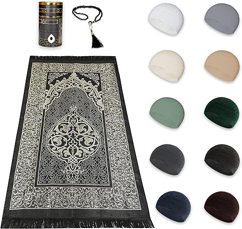 10 sombreros Kufi para hombres y alfombra de oración musulmana, Islam y cuentas, diseño Kaabe, Múltiples colores, Talla única