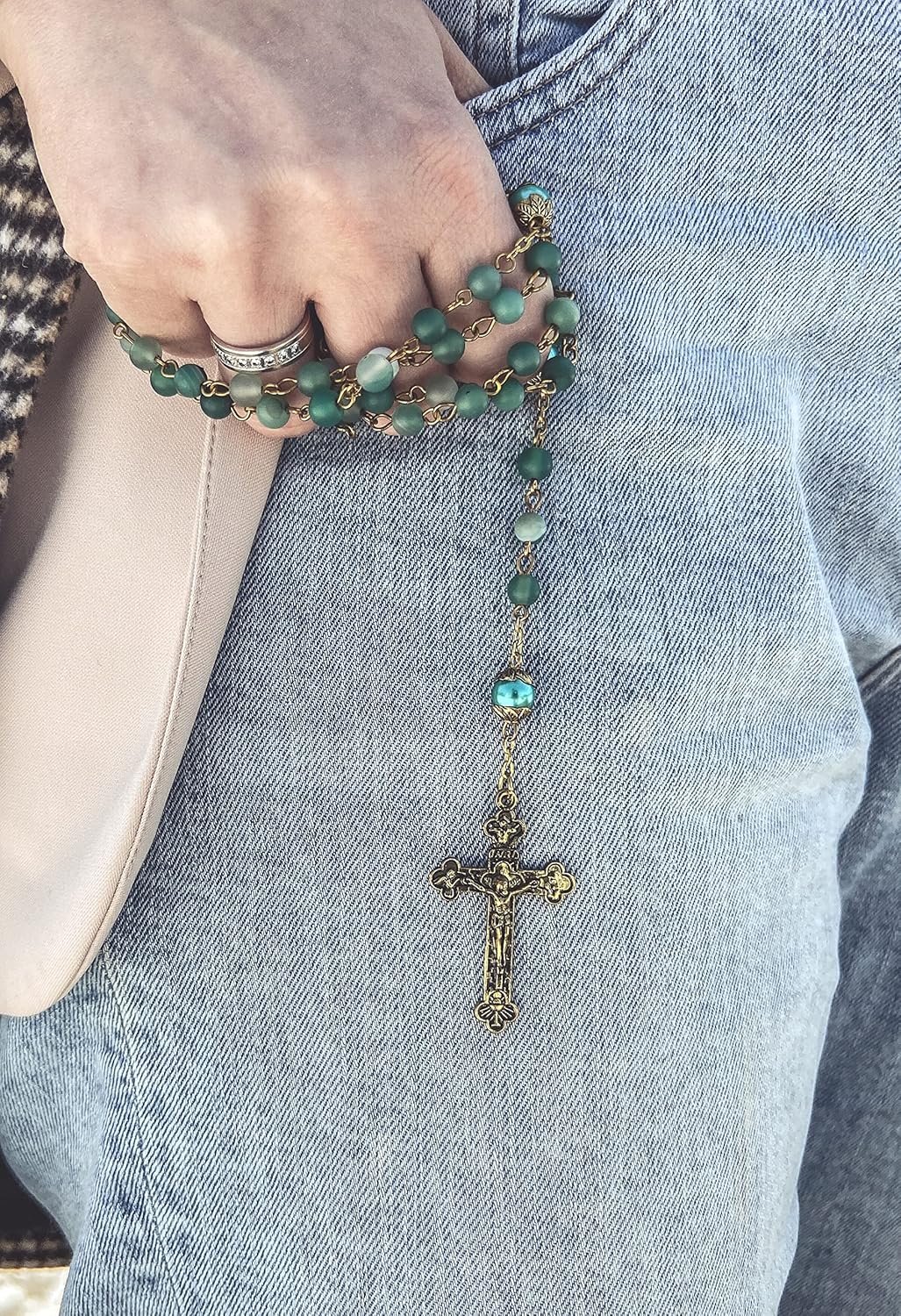 Nazareth Store Catholic Rosary Necklace Matte Stone Beads Green Pearl Round Beads Miraculous Medal & Cross - Velvet Bag - Image 6