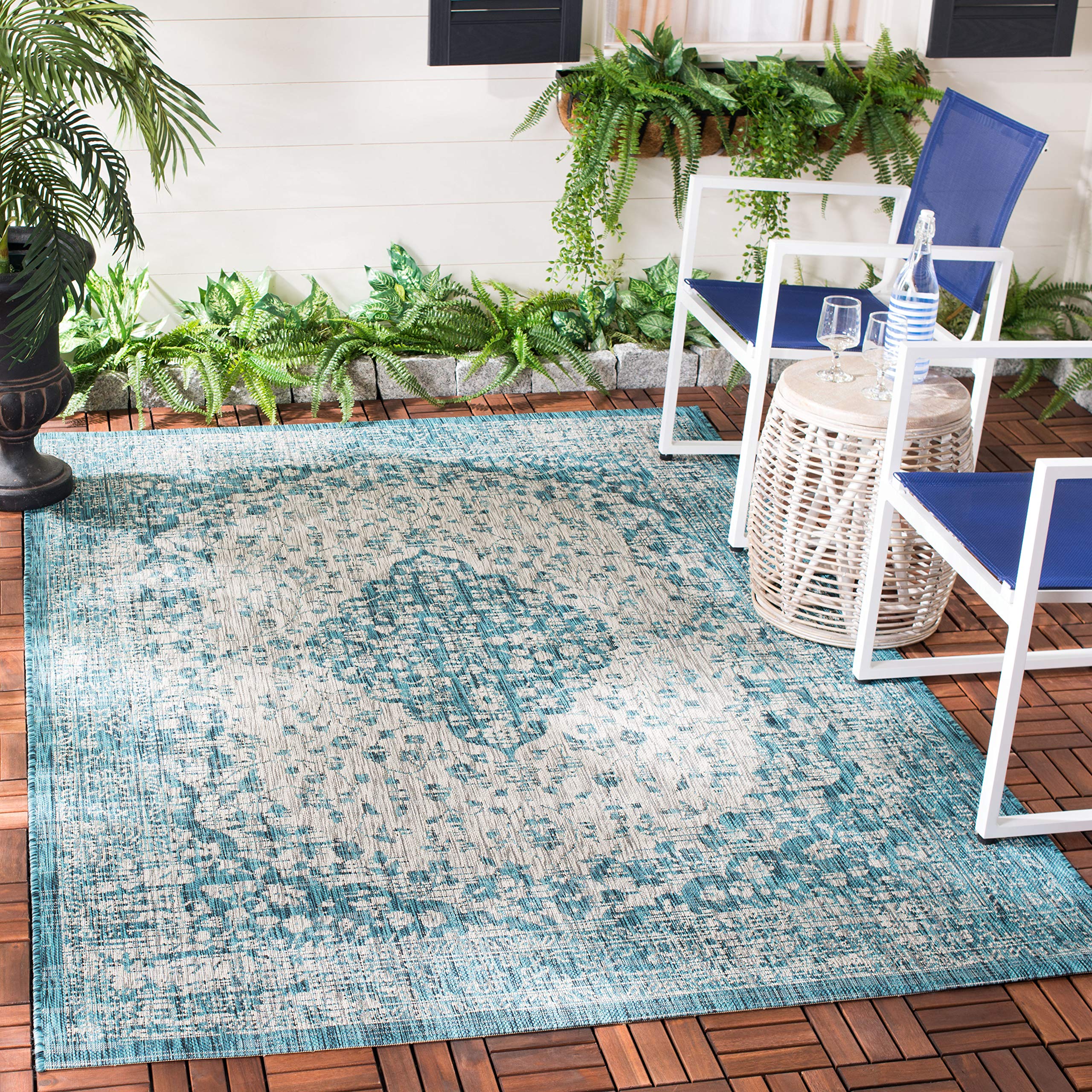 SAFAVIEH Courtyard Collection 9' x 12' Teal / Cream CY8720 Indoor/ Outdoor Easy Cleaning Patio Backyard Mudroom Area Rug