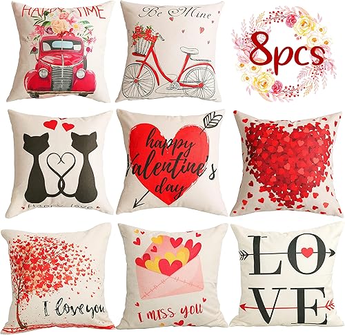 Geefuun 8 fundas de almohada decorativas para el día de San Valentín, funda de cojín de lino de San Valentín de 18 x 18 pulgadas, diseño de camión
