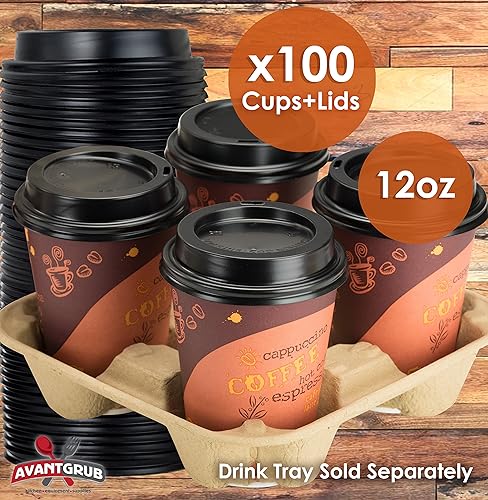 Miniatura 7 de Avant Grub Paquete de 100 tazas de café de papel de grado restaurante de 12 onzas con tapas de cúpula reciclables. Vasos desechables duraderos sin