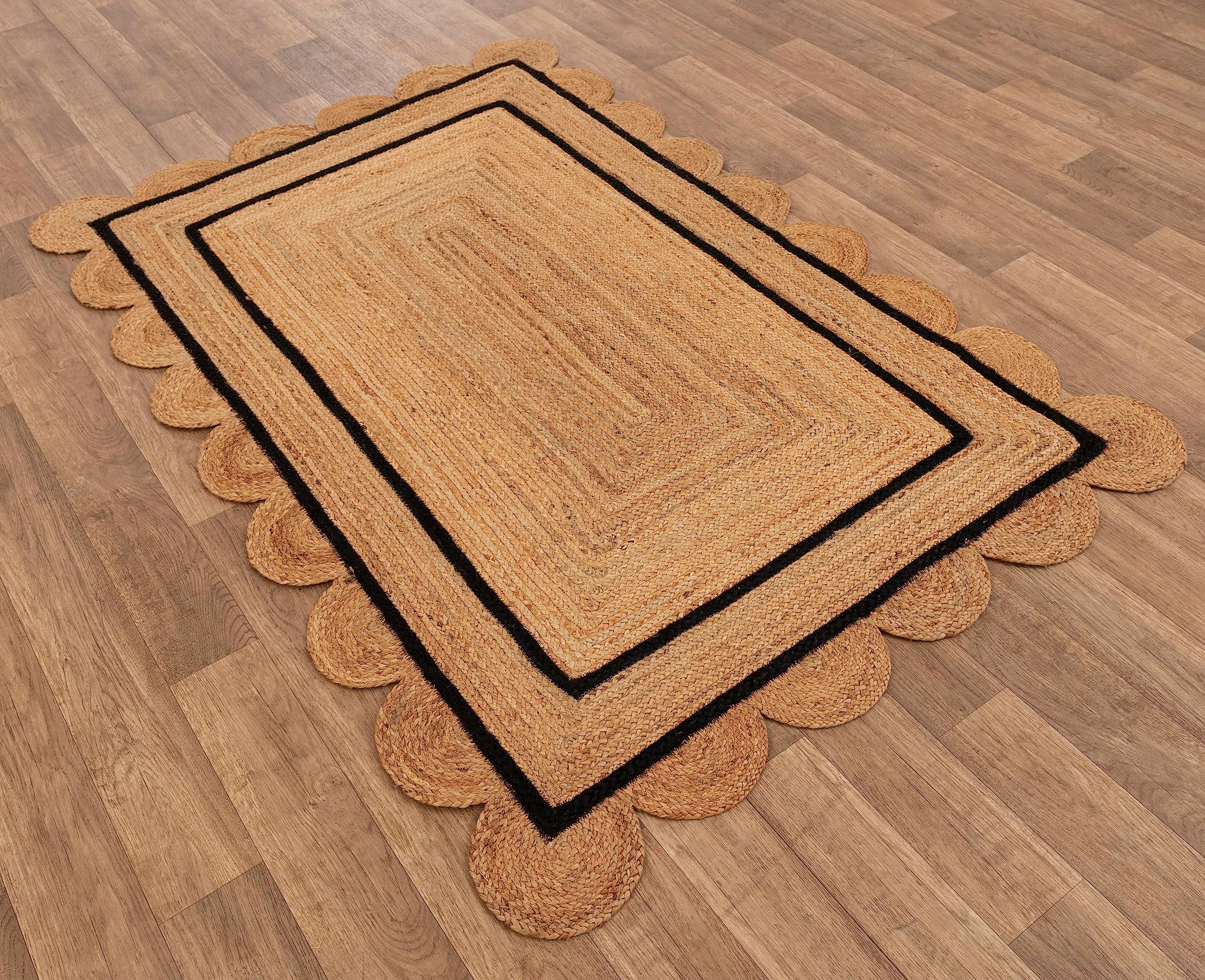Tapis tressé festonné en jute naturelle style bohème pour salon, ferme, maison de ferme (naturel/noir, 2,3 x 2,9 m)
