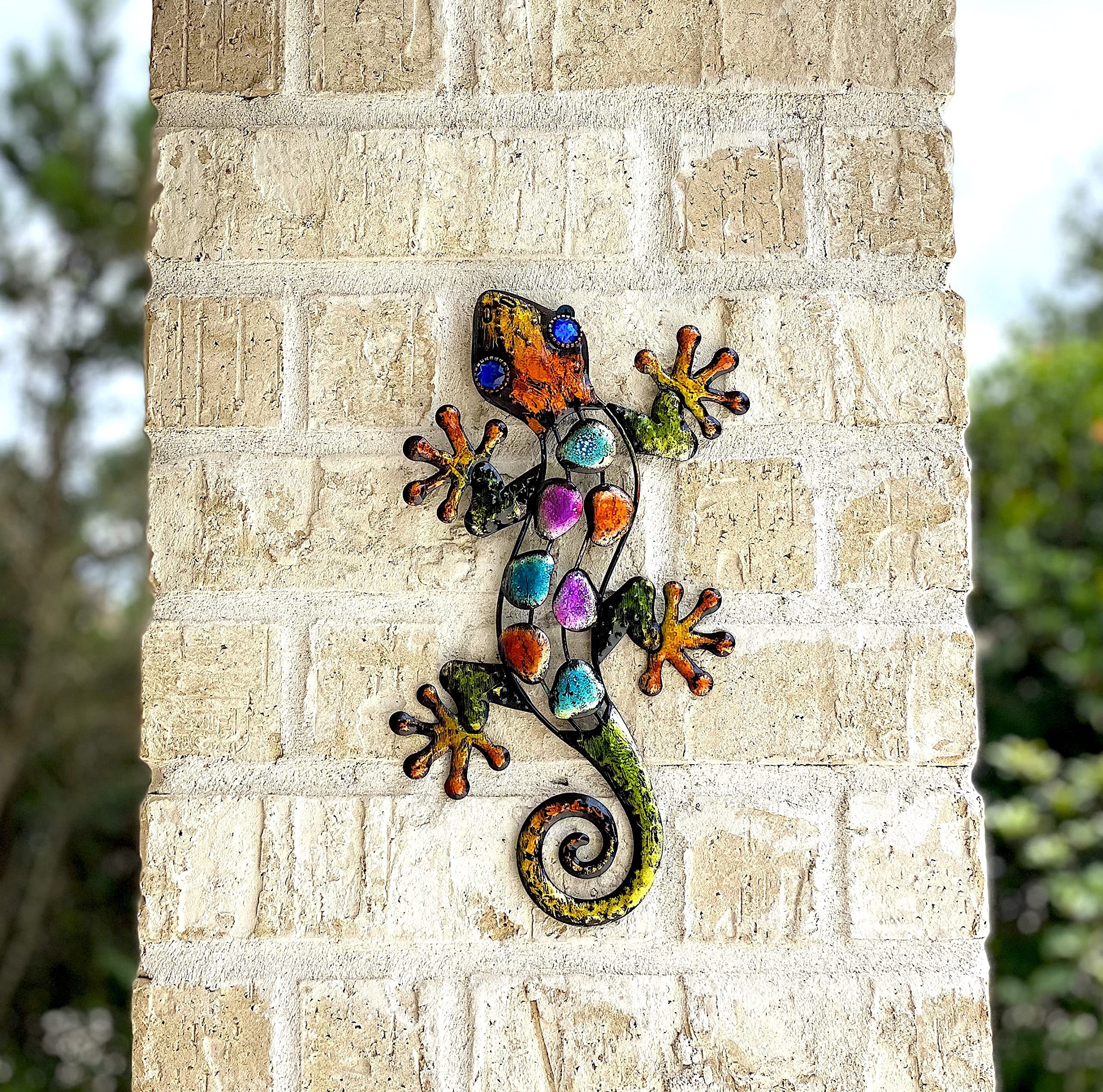 Fulenyi Décoration Murale Lézard En Métal, Art Mural Gecko En Métal | Décor De Clôture Gecko Coloré,Sculpture Creuse De Décoration Murale Extérieure Pour Fenêtre, Mur, Tronc D'arbre, Clôture