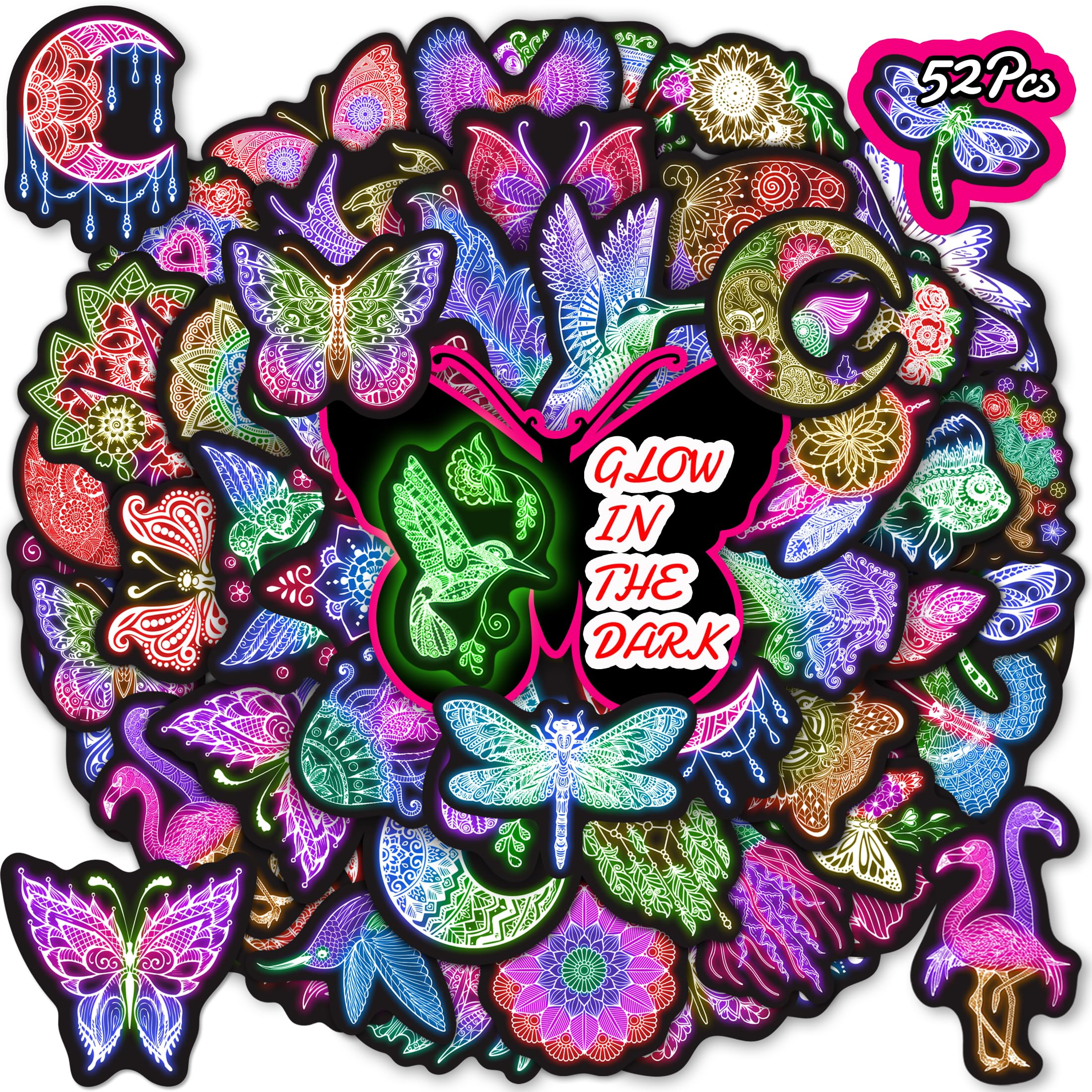 Glow in The Dark Holographic Neon Animal Water Bottle Stickers for Kids, 50 Pcs Colorful Moon Butterfly Flower Laptop Decals, Teens Adults Waterproof