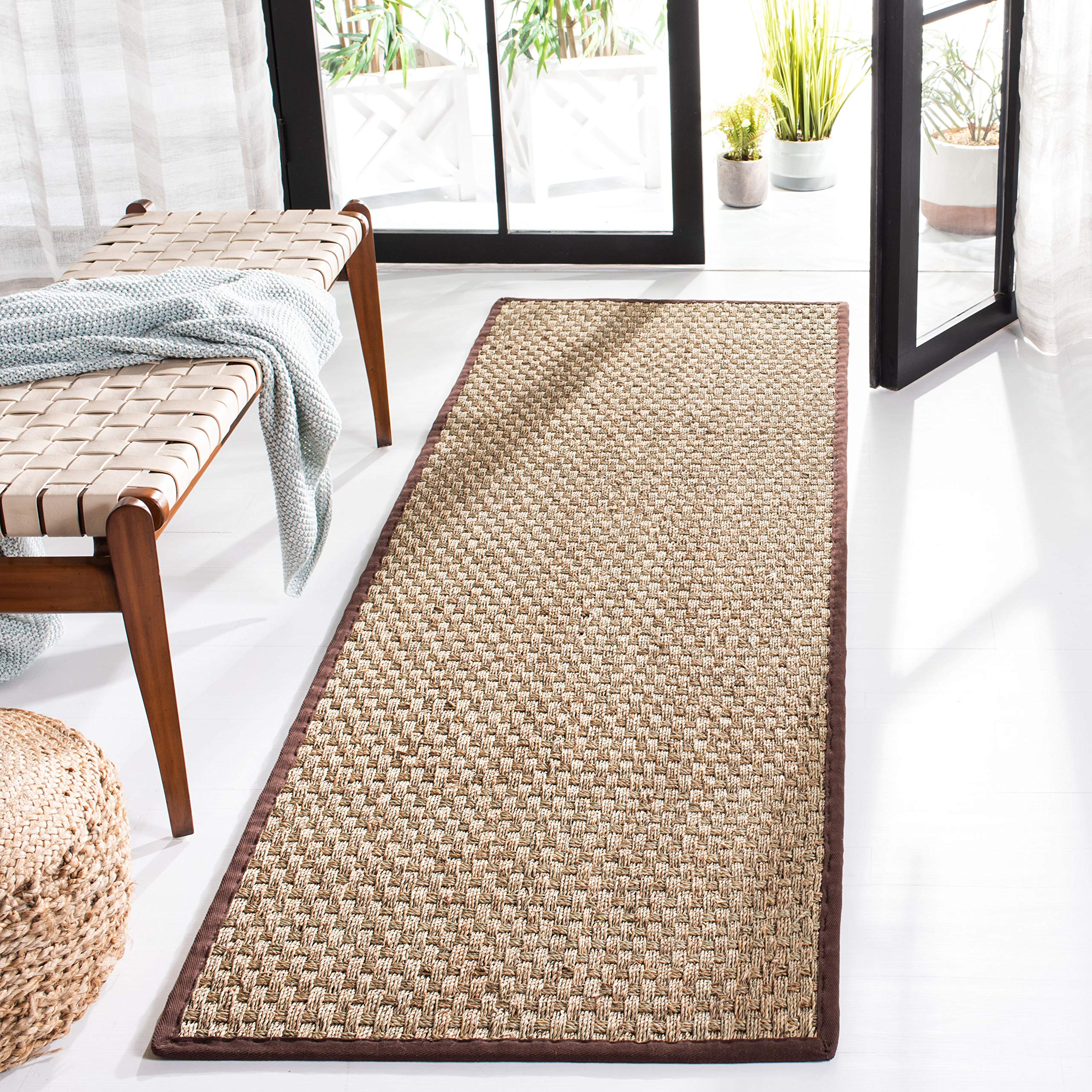 SAFAVIEH Natural Fiber Collection Runner Rug - 2'6" x 8', Natural & Dark Brown, Seagrass, Basketweave Pattern with Border (NF114K)