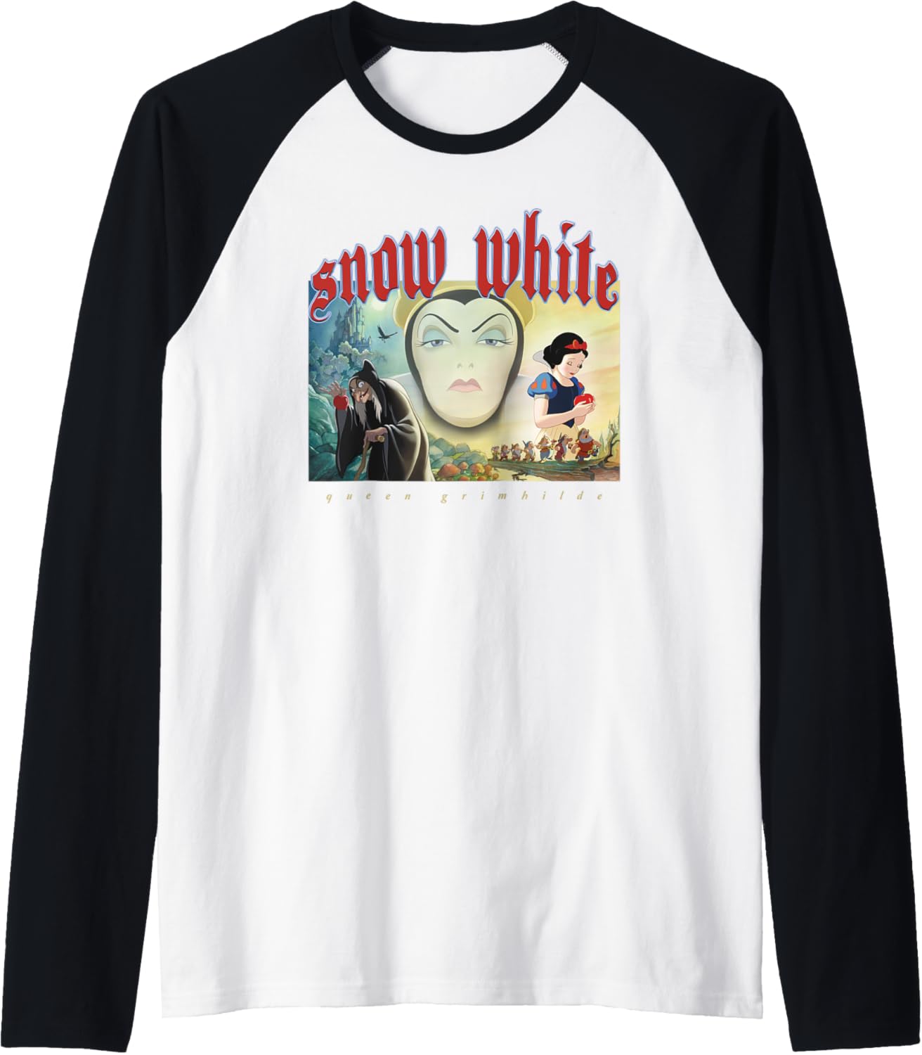 Snow White and Queen Grimhilde Raglan Sleeve T-Shirt, Black, S