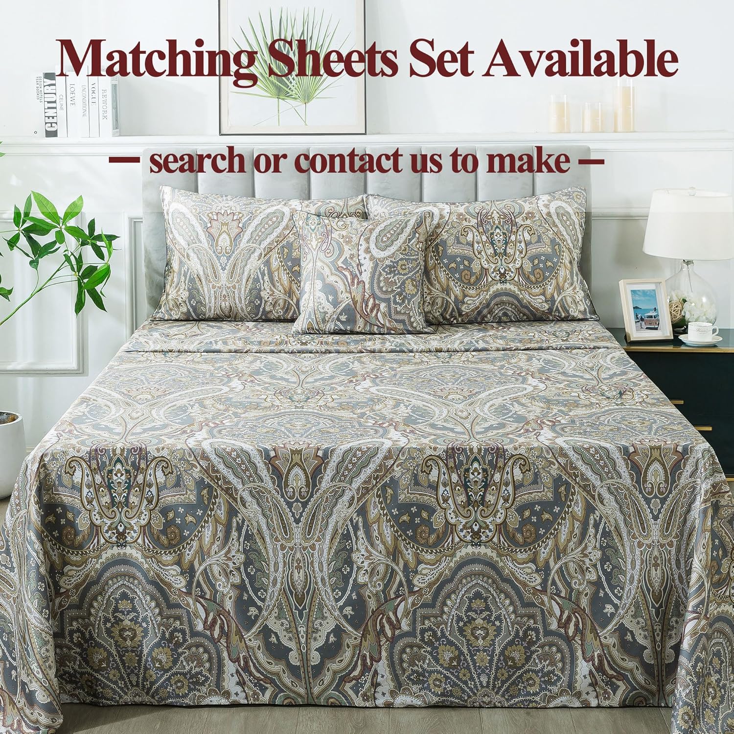 FADFAY Paisley Duvet Cover Set Classic Boho Paisley Bedding Bohemian Paisley Quilt Cover 800 Thread Count 100% Egyptian Cotton Comforter Cover with Hidden Zipper Closure 3Pcs, King/California King