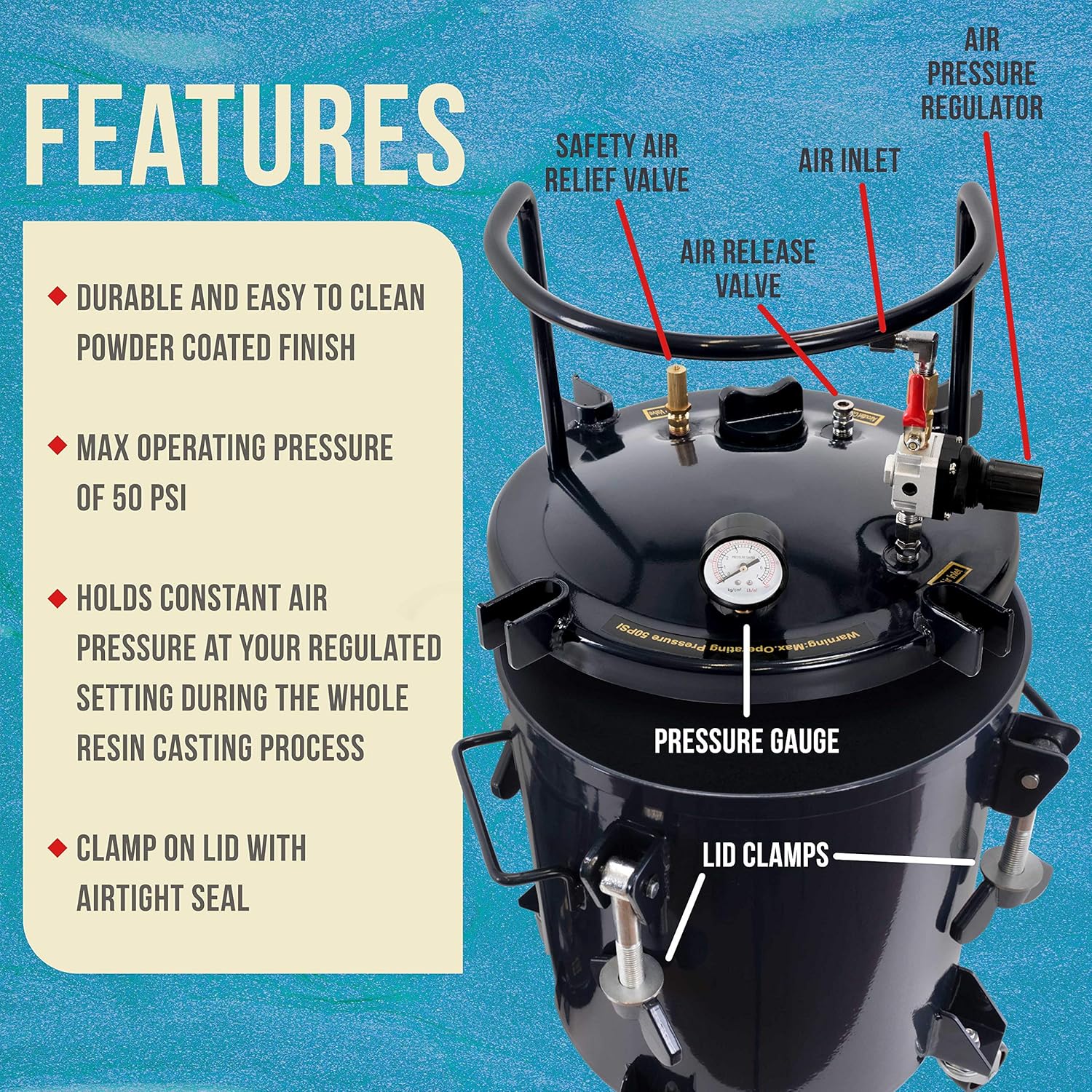 TCP Global 5 Gallon (20 Liter) Heavy Duty Steel Pressure Pot for Resin Casting with Clamp on Lid, Caster Wheels, Regulator, and Gauge - Pressure Pot for Epoxy Resin, Painting, and Autobody