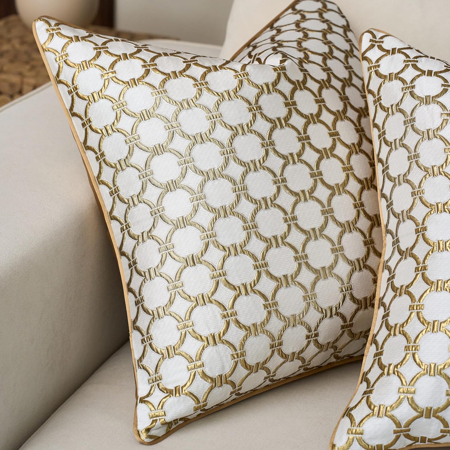 Mid Century Modern Throw Pillow Covers 24x24 Inches Set of 2 Textured Jacquard Circular Pattern Decorative Accent Pillows Covers for Bed, Sofa, Couch, and Home Decor - Ivory Gold (No Insert)