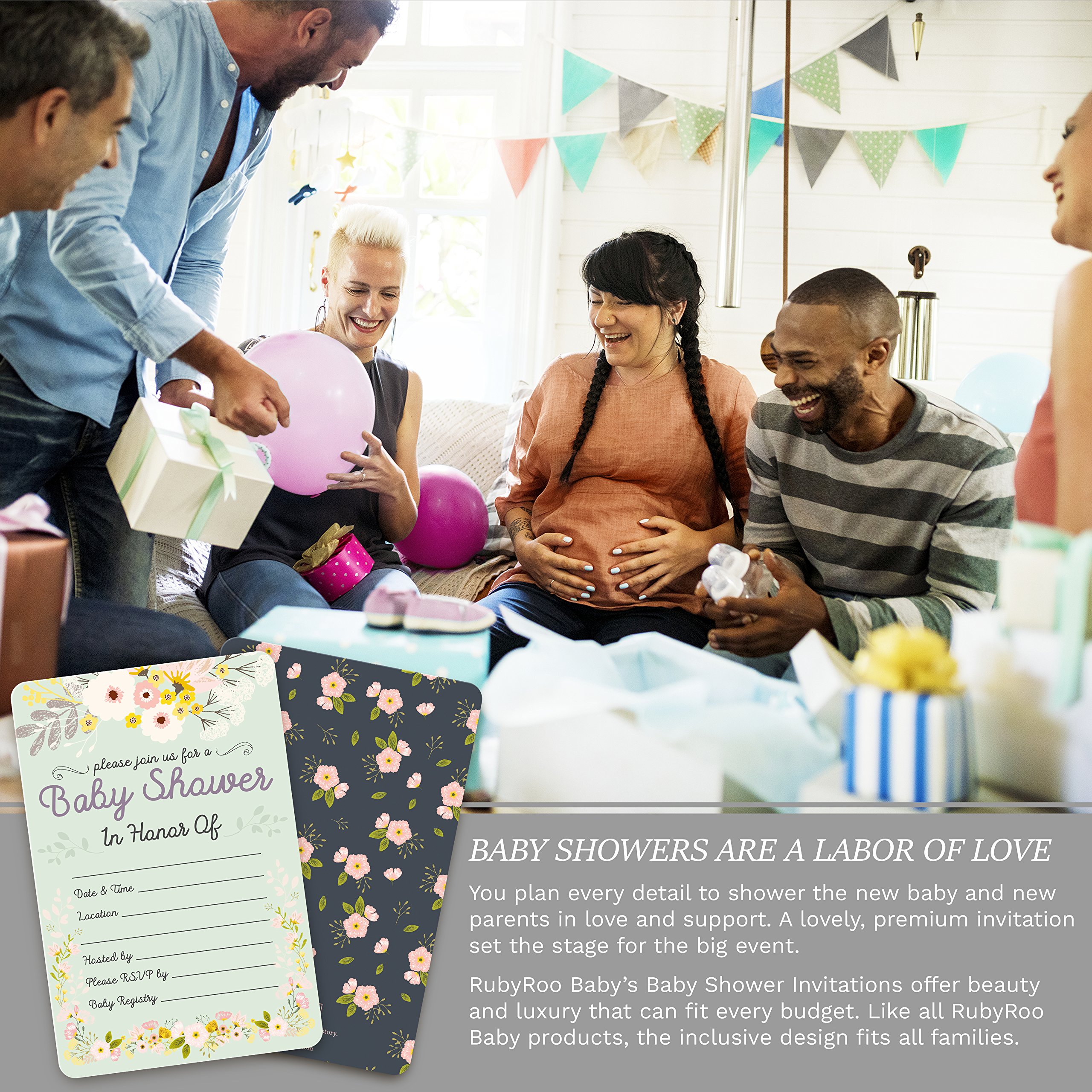 RubyRoo Baby Zaproszenia prysznicowe - 30 kart + koperty. Neutralna płeć dla chłopca lub dziewczynki. Dopasuj gry na baby shower, dekoracje i upominki