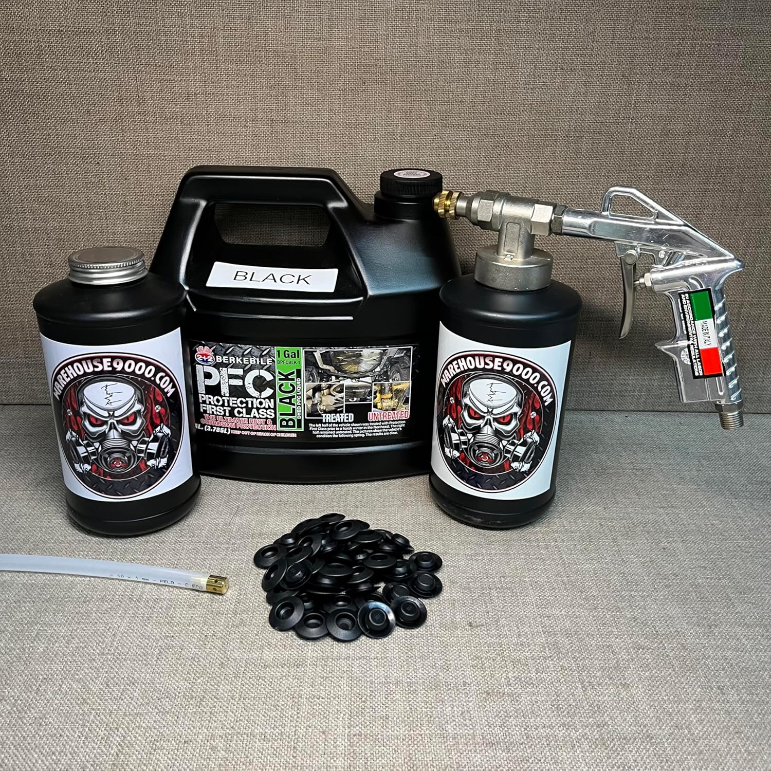 Gallon PFC Black, Pro Undercoating Spray Gun, 32" 360* Wand, 2 Black Quart Bottles, and 50 Rust Plugs