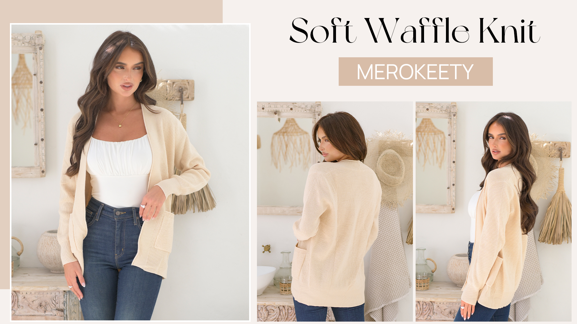 MEROKEETY Women's 2025 Fall Open Front Waffle Knit Cardigan Long
