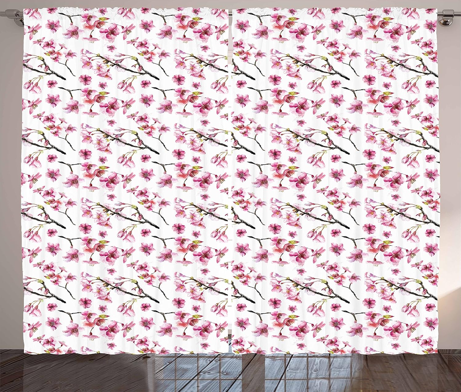 Ambesonne Cherry Blossom Curtains, Watercolor Style