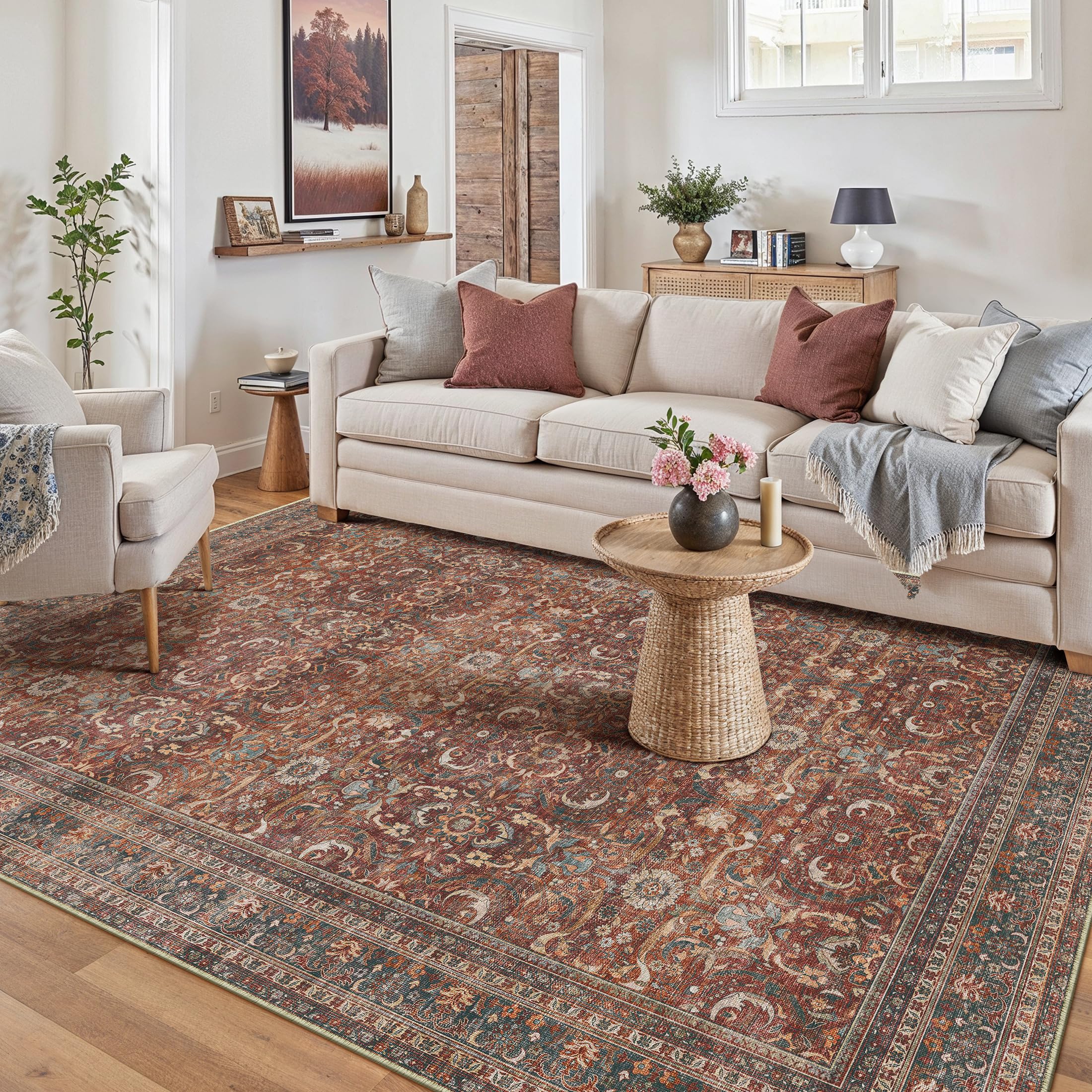 HUGEAR Area Rug 5x7 Vintage Brick Red Machine Washable Living Room Rugs Distressed Retro Floral Vacuumable Low Pile Carpet Bedroom Office Dining Room