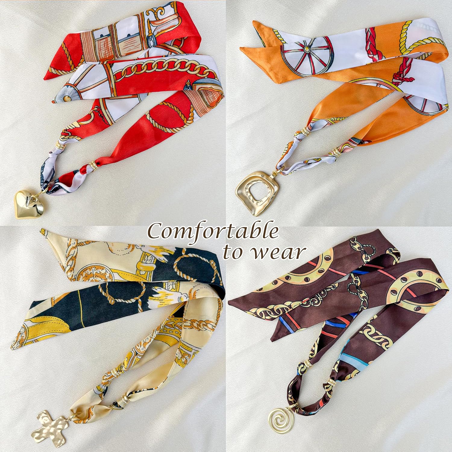 Scarf Necklace with Chunky Charms 4 Pack, Silk Bandana Necklace for Women, Adjustable Tie Statement Choker Jewelry, Stylish Gift for Birthday or Special Occasions - Image 4
