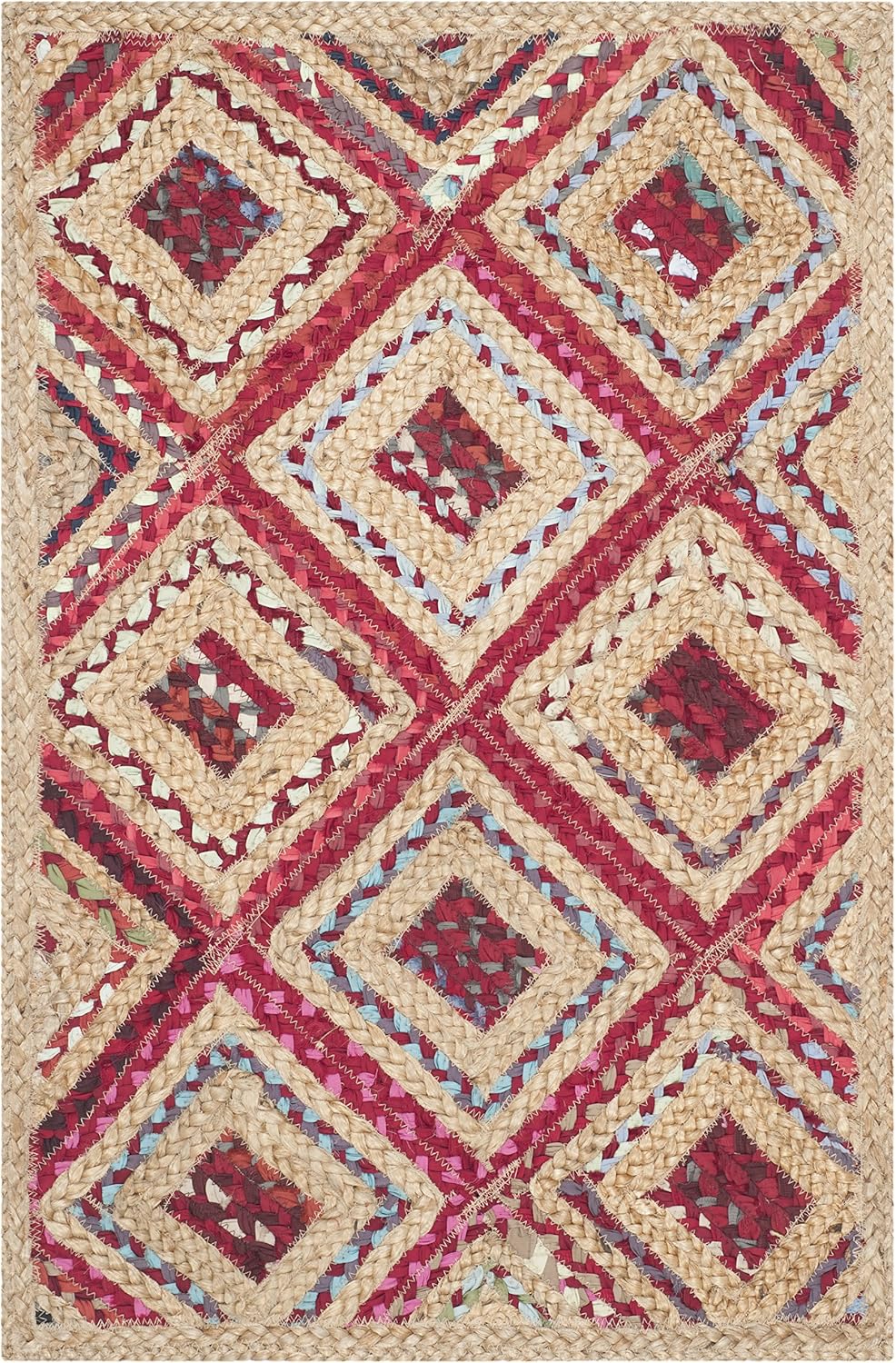 SAFAVIEH Cape Cod Collection Accent Rug - 2'3" x 4', Natural & Red, Handmade Flat Weave Diamond Braided Jute & Denim, Ideal for High Traffic Areas in Entryway, Living Room, Bedroom (CAP354B)