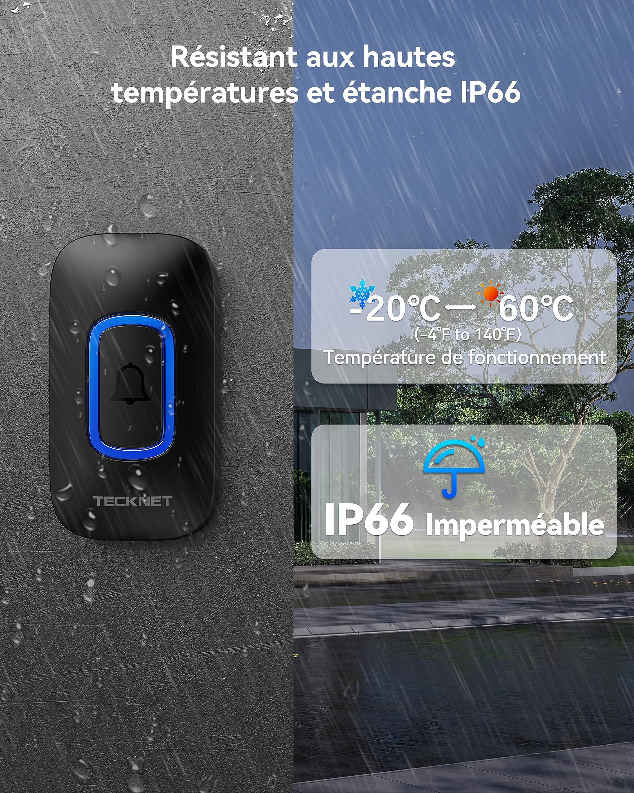 TECKNET Sonnette sans Fil Exterieur Etanche, Étanche IP66 Portée 400M Amovible Two Récepteur RVB Piles Sonnette sans Fil sans Pile, 60 Mélodies et 5 Niveaux, pour Maison, Bureaux, Urgence etc