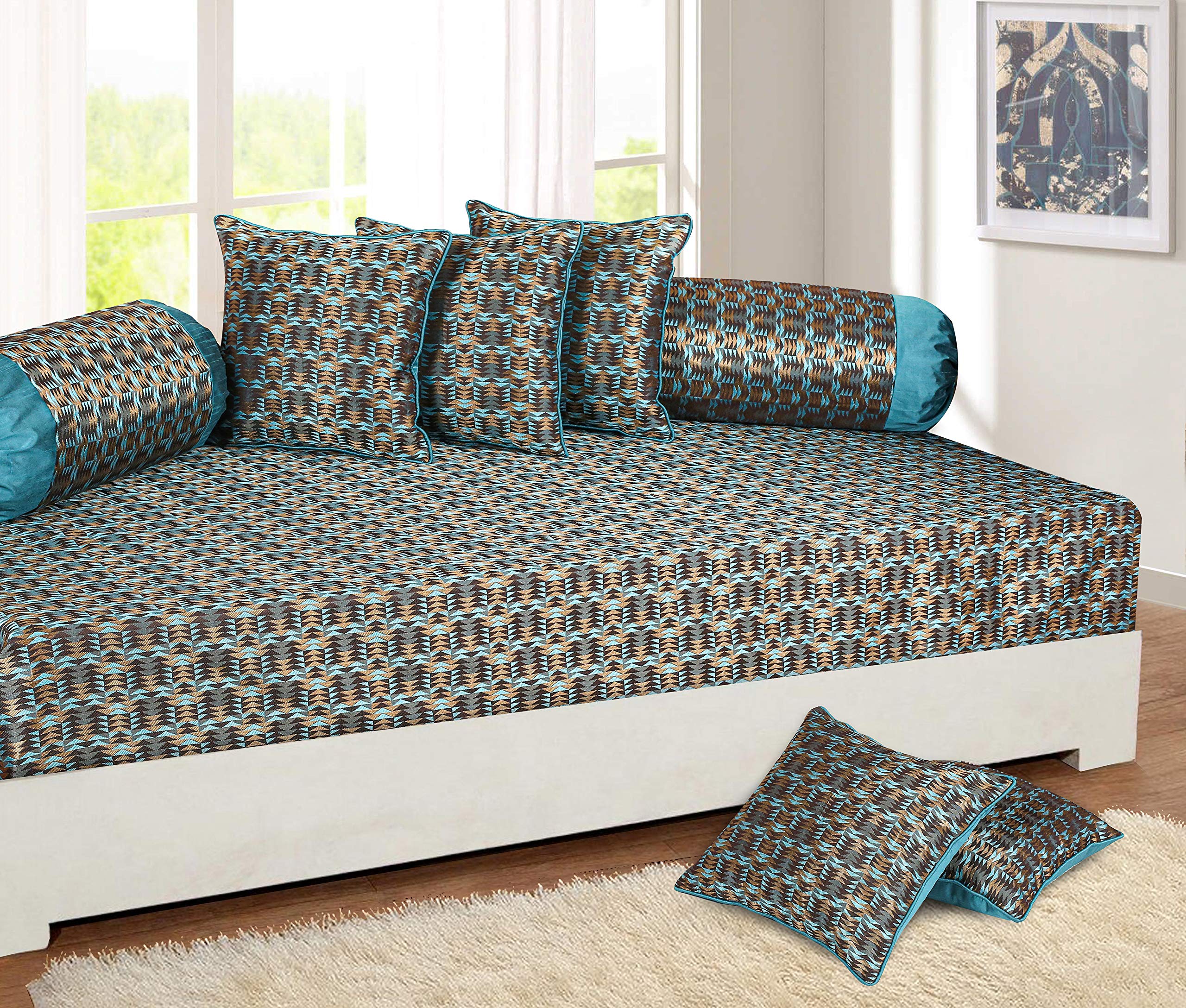 AKB EXPORTS Styria Satin, Polycotton, Mini Geometric Solid Pattern, Exclusive Wedding Diwan Set, 1 Bed Cover 60"x90", 2 Bolsters 16" x 32" and 5 Cushion Covers 16" x 16" (Blue, 1+2+5) -Set 8 Pcs