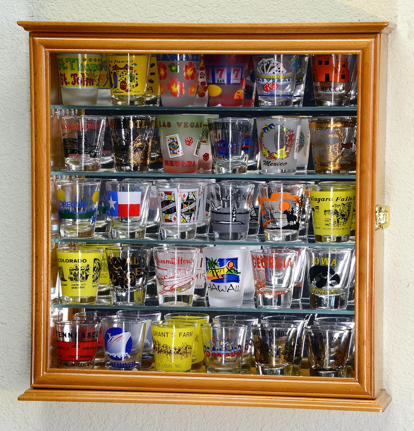 Amazon 4つの調節可能な棚 ショットグラス ショットグラス シューター ミニリキュールディスプレイケース キャビネット ミラーバック付き オーク Sfdisplay Com Factory Direct Display Cases ショットグラス