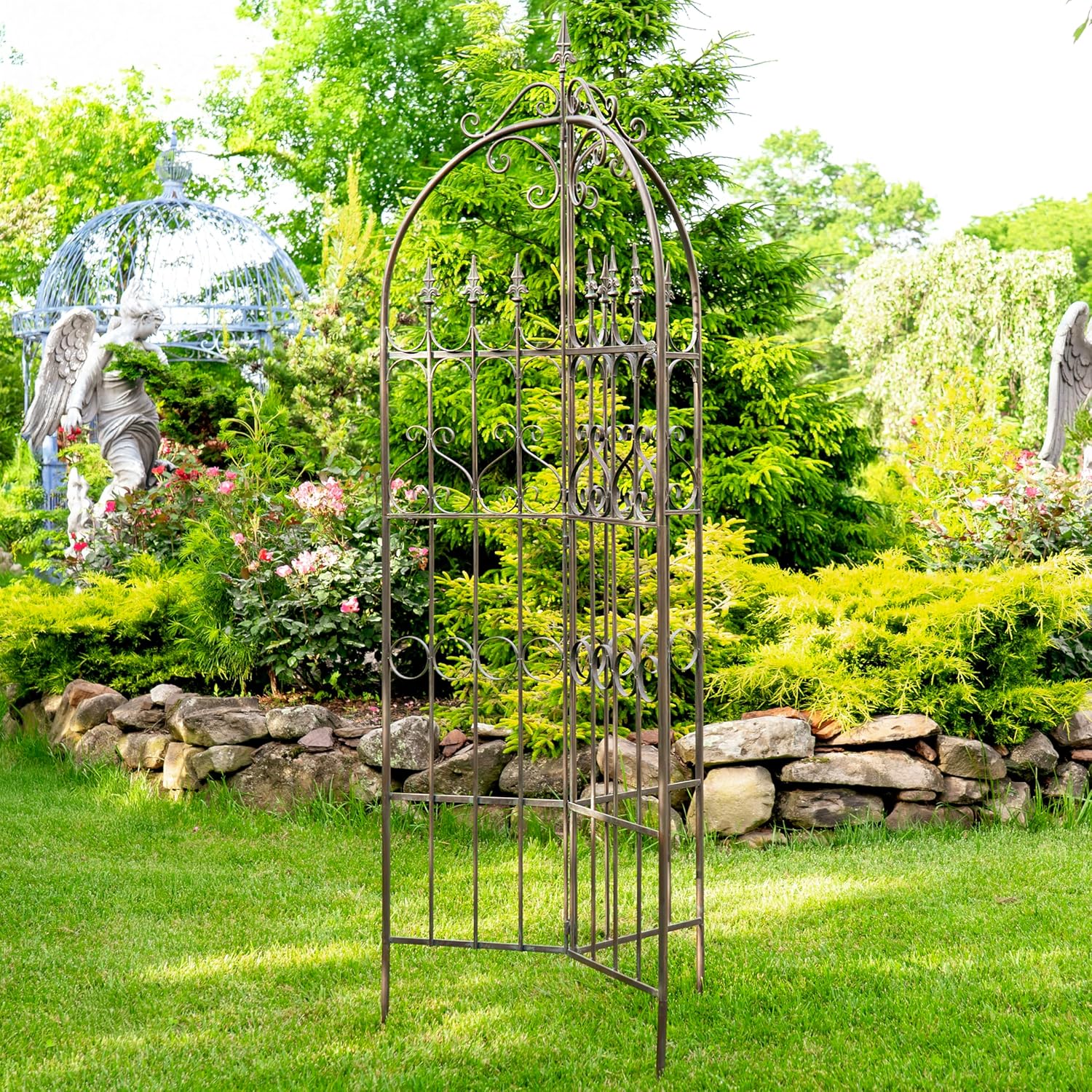 Zaer Ltd. Metal Garden Arch Trellis, 7.7ft Tall, Three-Panel Design with Fleur-de-lis, 25 x 25 x 92.5 inches (Antique Bronze)
