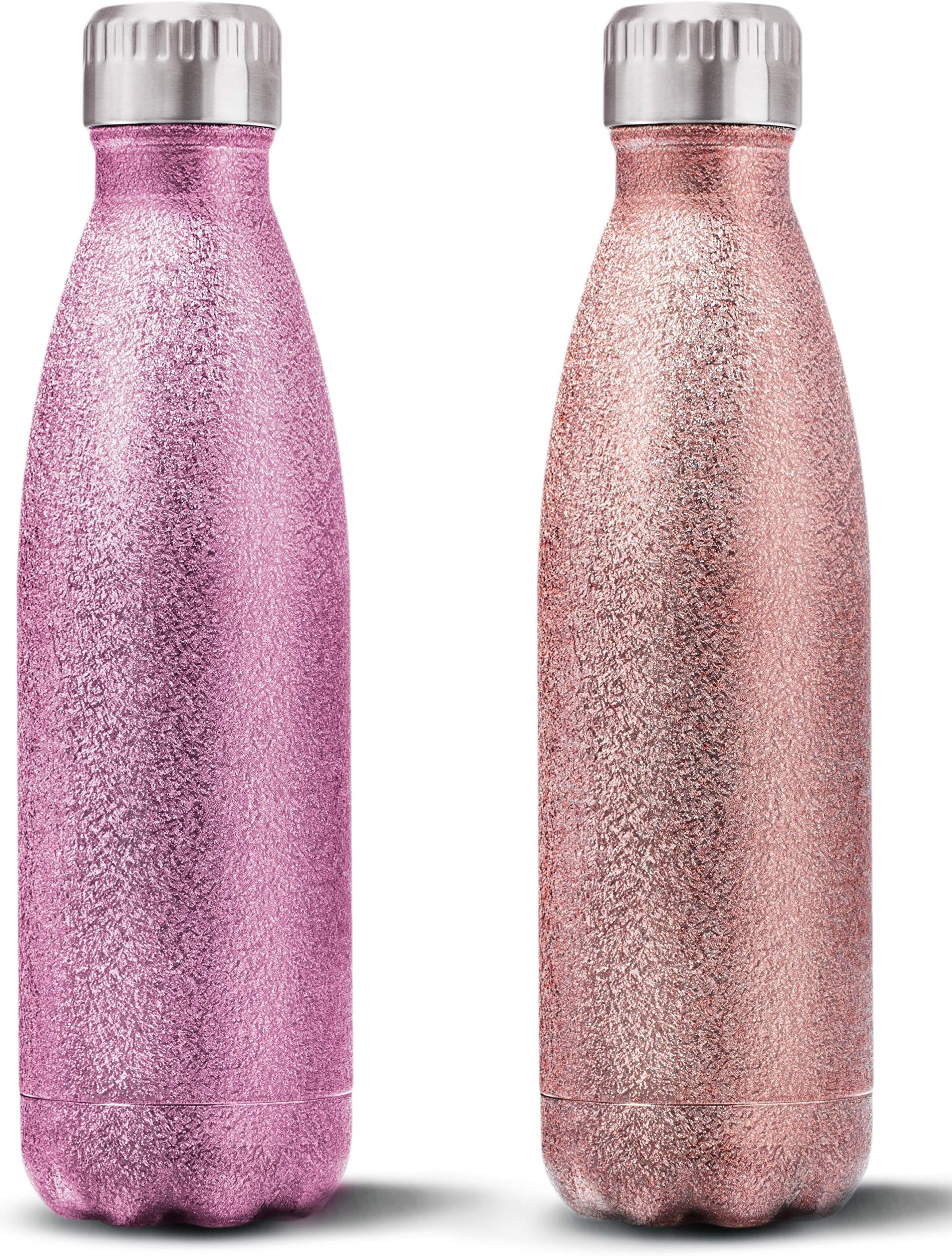 Set of 2 - Pink Glitter and Champagne Glitter Water Bottles - Reusable Sparkly Bottles- Stainless Steel Bottles Vacuum Insulated, Double-Walled to Stay Hot or Cold