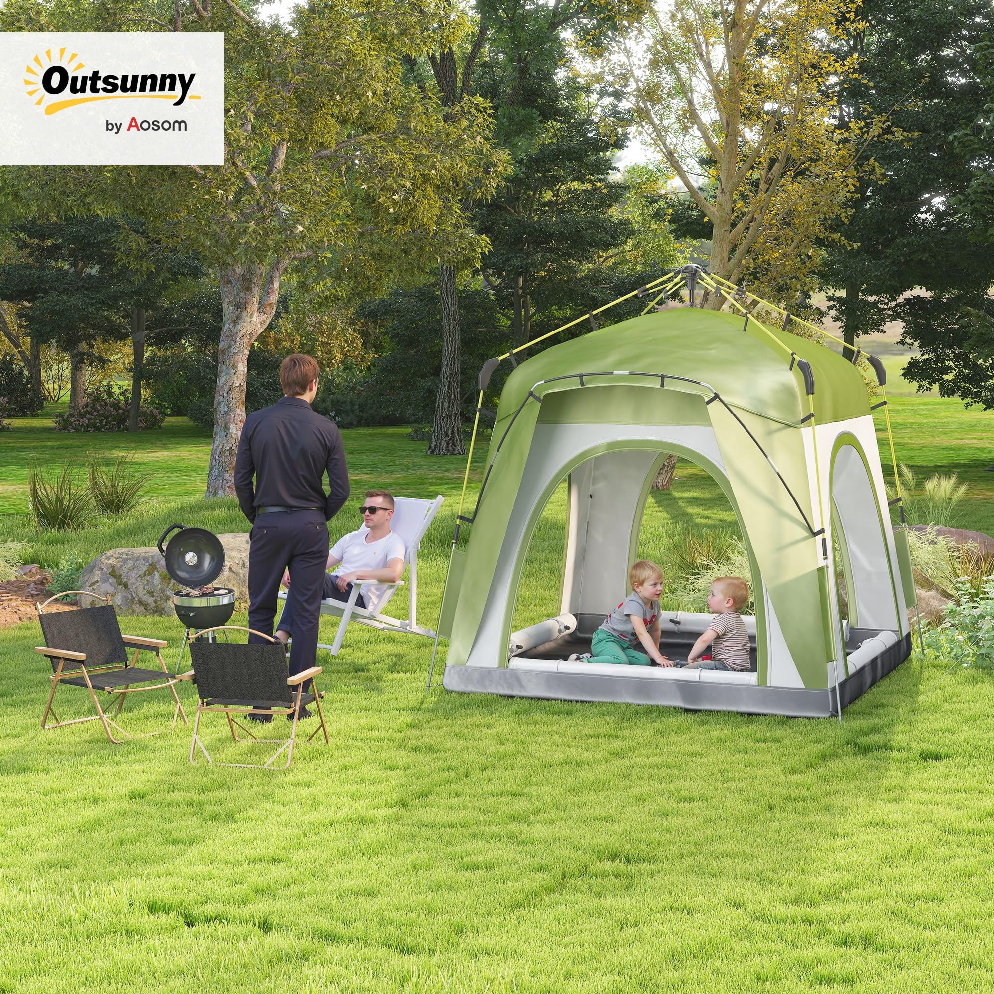 Outsunny Tenda Campeggio 3 Posti, Tenda a Igloo Pop Up con 4 Porte a Cerniera e 4 Finestre a Rete, Sacca di Trasporto Inclusa, Protezione UV, 240x240x199cm, Verde