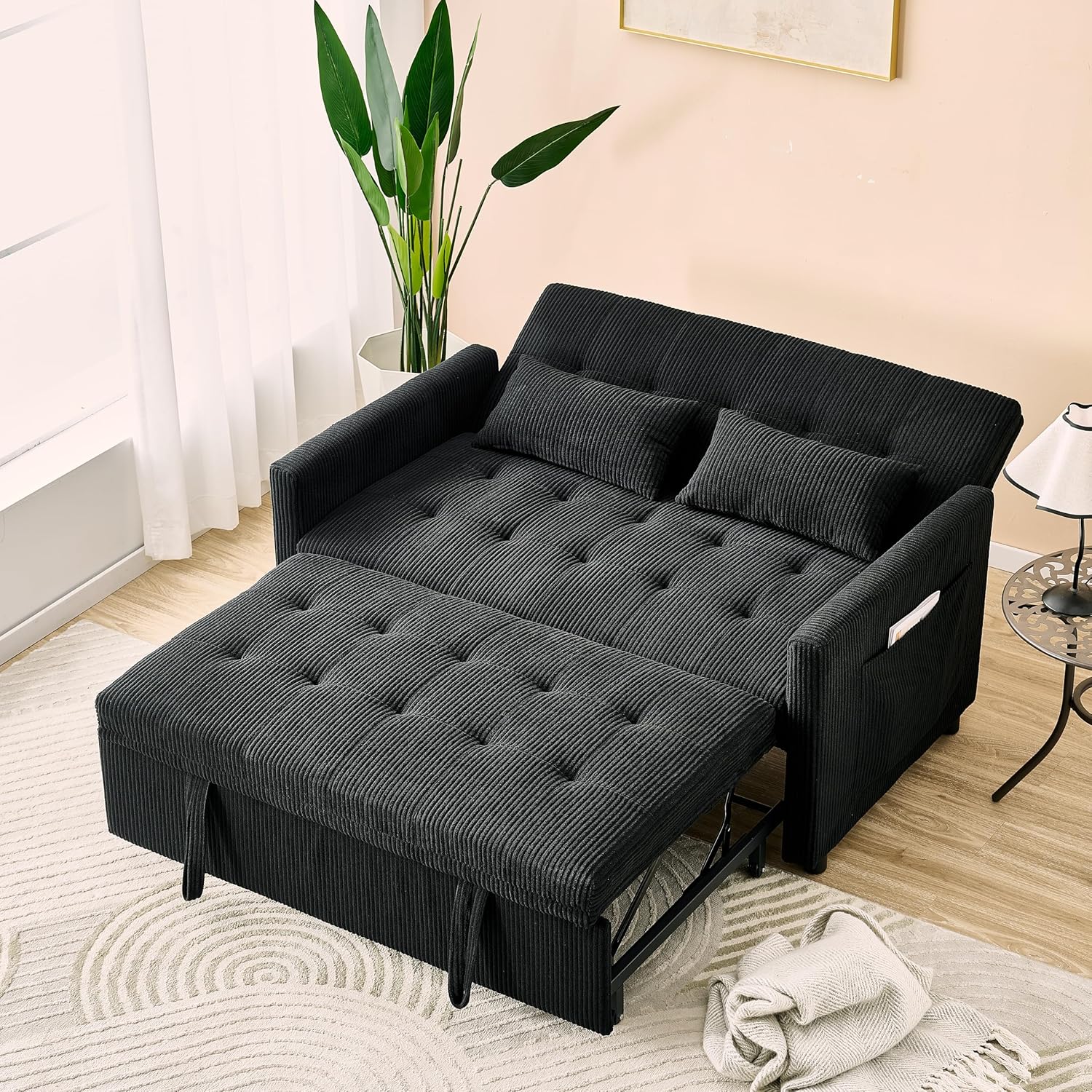 KEIKI 53" Small Sleeper Sofa Couch for Studios, Pull Out Loveseat Sofa Bed with Adjustable Backrest, USB Charging & Storage Pockets