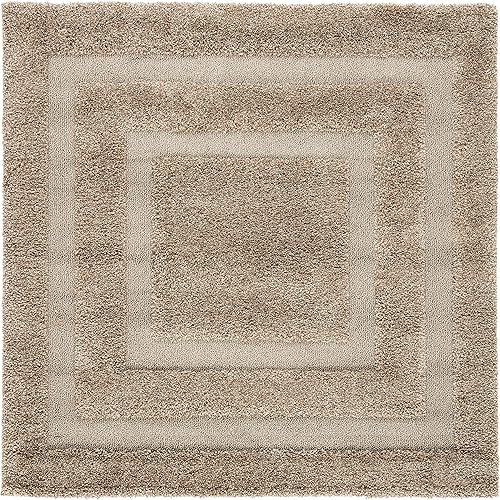 SAFAVIEH Florida Shag Collection 4' Square Beige / Beige SG454 Border Non-Shedding Living Room Bedroom Dining Room Entryway Plush 1.2-inch Thick Area Rug