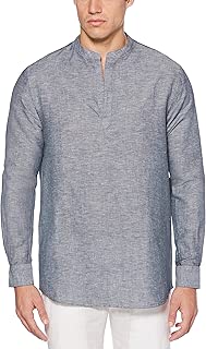 Perry Ellis Men's Long-Sleeve Solid Linen Cotton Popover Shirt