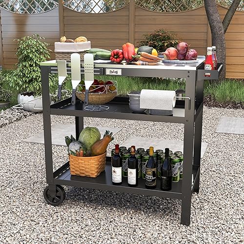 Miniatura 9 de Carrito de parrilla para exteriores de 31.5 x 18 pulgadas con mesa de acero inoxidable, mesa de parrilla móvil con estante de condimentos y soporte