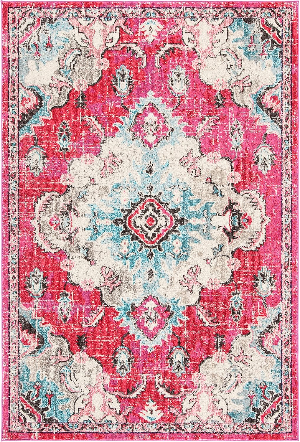 SAFAVIEH Madison Collection Area Rug - 5'3" x 7'6", Fuchsia & Light Blue, Medallion Distressed Design, Non-Shedding & Easy Care, Ideal for High Traffic Areas in Living Room, Bedroom (MAD484R)