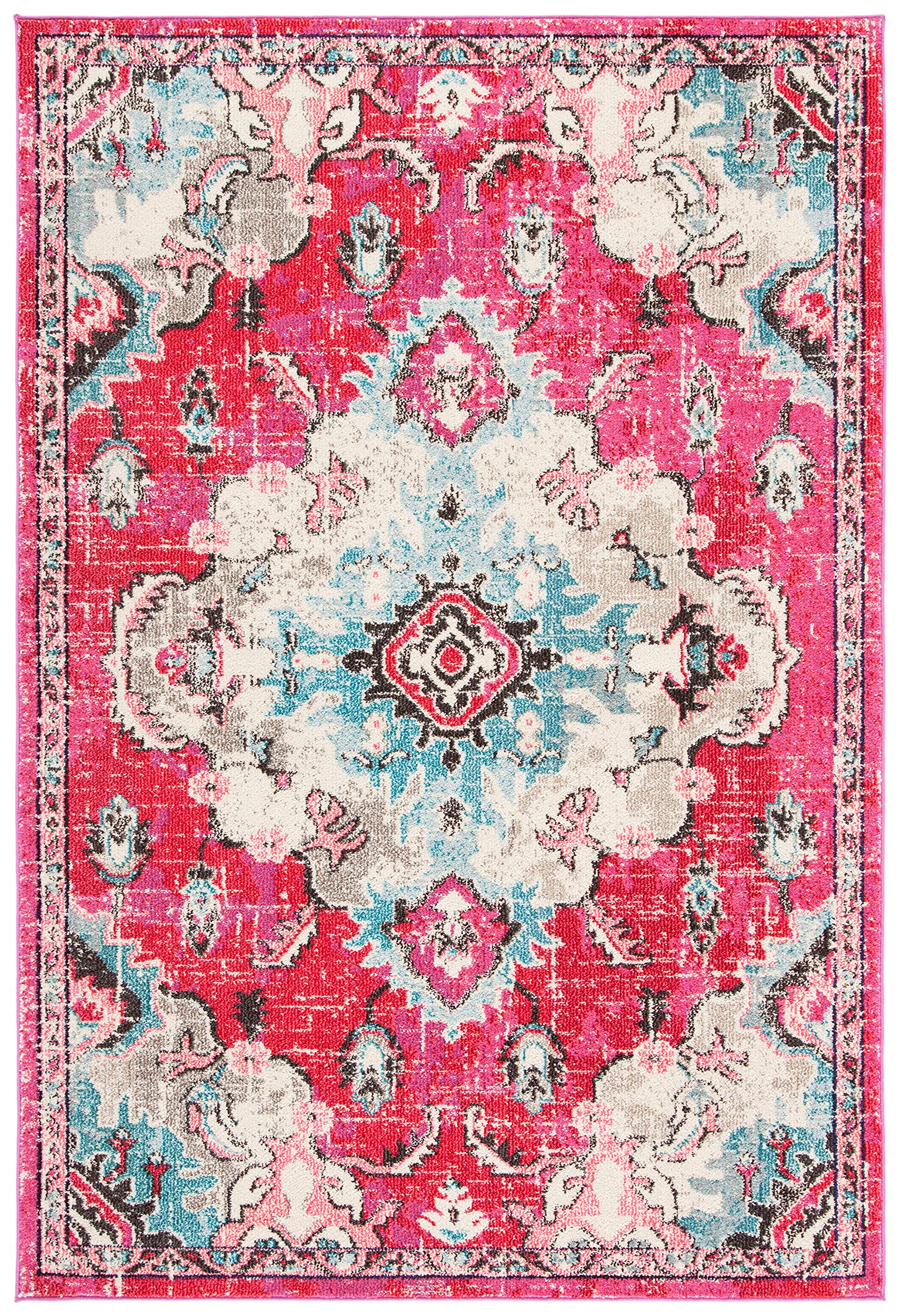Safavieh Teppich MAD452M – Boho-Chic Medaillon, Used-Look | 70x150 Cm, Marineblau/grau | Fusselfrei & Strapazierfähig