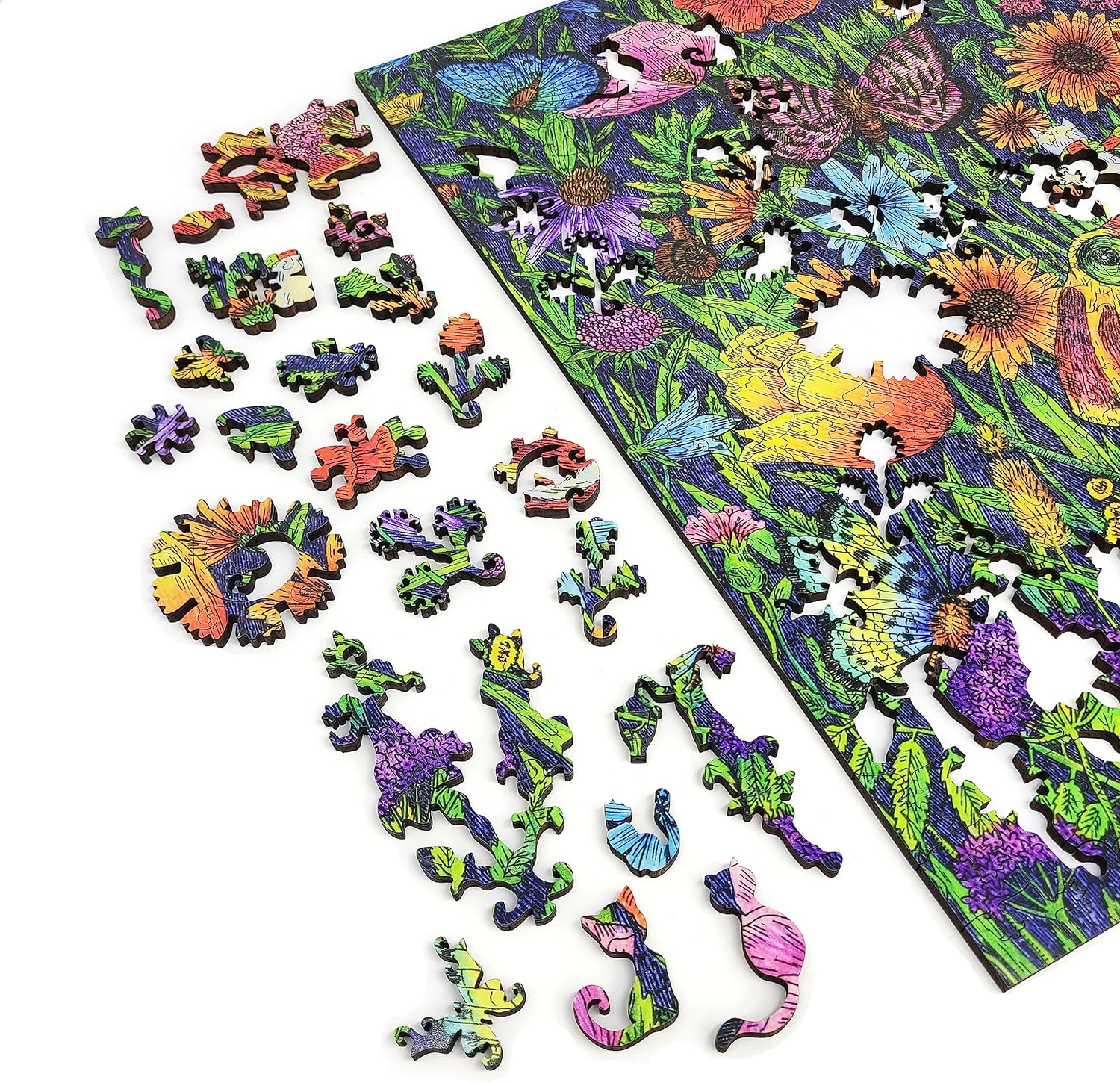Wooden Puzzle for Adults - Uniquely Shaped Pieces - Made in The USA by FoxSmartBox - 355 Pieces - Journey to The Flowerland